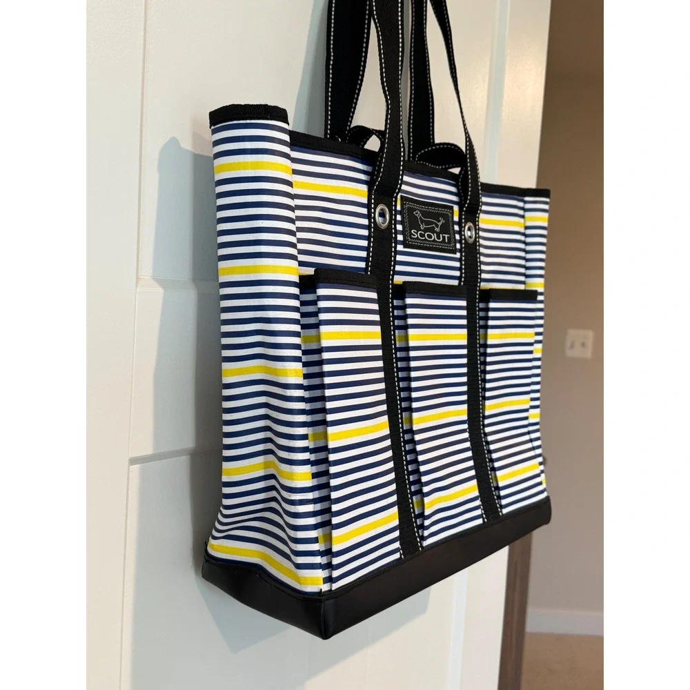 SCOUT BJ Bag Large Utility Tote Navy White Yellow Striped Multi Pocket Beach Bag